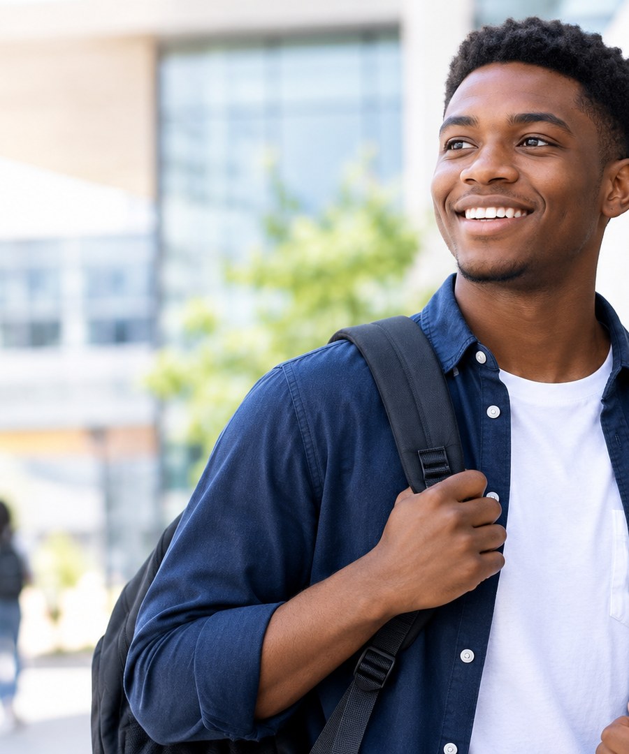 Student on a university campus holding a laptop