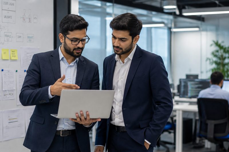 Two professionals reviewing certification study material